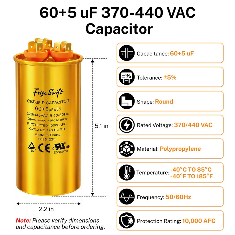 FrigeSwift 60+5 uF CBB65 Dual Run Capacitor 370/440VAC 2-Pack