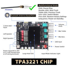 T100HS Power Amplifier Board with Subwoofer 2.0 Channel 100W×2, TPA3221 Chip 12V-30V Audio Power Amplifier with Treble and Bass Control