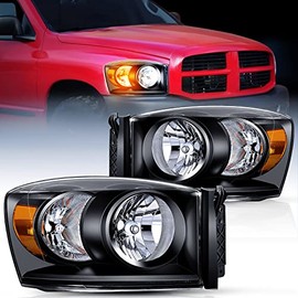 Nilight 2007 2008 2009 Ram Black Housing Amber Corner Clear Lens,Headlight Assembly,Headlamp Replacement,Driver and Passenger Side,2 Pack