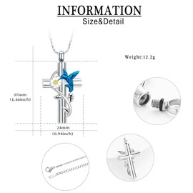 Hummingbird Urn Necklace for Ashes Cross Cremation Butterfly Jewelry for Women Necklace Urn Keepsake Memorial Pendant for Ashes of Loved Ones (Silver-blue)