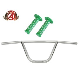 ALTA CW PRO Old School Classic Chrome Handlebar W/ WHITE STARS BMX Style GRIPS. - Handlebar W/Green Grips