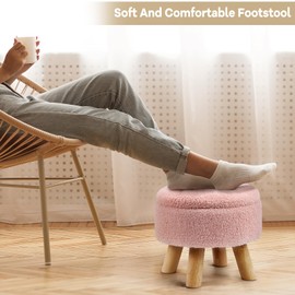 OGEMXU Ottoman Foot Rest, Small Round Ottoman with Storage, Boucle Teddy Velvet Footstool with Wood Legs, Soft Sponge Storage Ottoman for Living Room, Bedroom, Couch, Enterway (Pink)