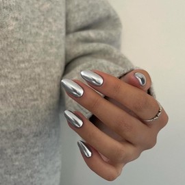 Sliver Chrome Press on Nails Medium Almond Nails Press ons Metallic Nails Glue on, Acrylic Nails Fake Nails for Women, Thick Shinny Glazed False Nails Glue on Nails Medium Oval Nails for Party 24Pcs