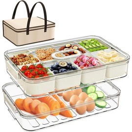 Snack Box Containers, Divided Serving Snack Tray with Lid - Double layered Stackable Snackle Platters with Bag, 8 Compartment for Snacks, Candy, Fruits, Nuts, Veggie for Fridge, Gray Large Organizer. - Color: White - 8 Compartments