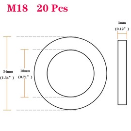 20 Pcs M18 Carbon Steel Round Flat Washers Suitable for M18 Bolt Screw,Home Decoration, Factories Repair, Kitchens, Shops and Outdoor Construction OD 34mm,ID 18mm,Thick 3mm,6.0 Grade