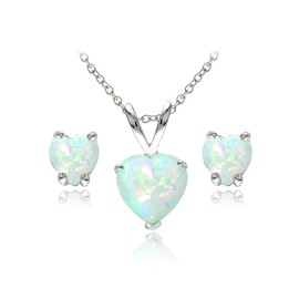 B. BRILLIANT Opal Necklace and Earrings for Valentines Day Sterling Silver Synthetic White Opals Heart Solitaire Jewelry Set for Women Bridesmaids