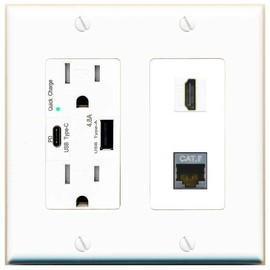 RiteAV HDMI and Cat7 Ethernet Wall Plate - USB A+C Charger Outlet [White/White]