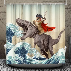 Lokigo Funny Cat Dinosaur Shower Curtain Cool Pirate Cat Japanese Ocean Wave Waterproof Fabric Shower Curtain Kids Fun Nautical Rustic Wooden Farmhouse Shower Curtain, 72X72, Brown