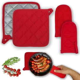 HERUKI Heat Resistant Pan Handle Sleeve 2pcs and Potholders for Kitchens 2 pcs Non-Slip Cast Iron Skillet Handle Covers - Oven Square Pot Holder 100% Cotton for BBQ Kitchen Baking Cooking (RED)