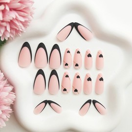 Press on Nails Medium Almond Fake Nails with Black Heart French Tip Designs Matte Nails Press ons Gold Lines Acrylic Nails Nude Stick on Nails for Women 24Pcs