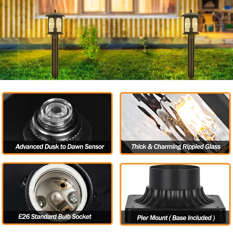 2 Packs Dusk to Dawn Outdoor Post Light with Pier
