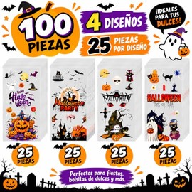 Yarratech 100 Piezas Bolsas de Dulces de Halloween, Bolsitas de Regalo con Temática de Halloween, Ideal para Dulces, Repostería y Fiestas de Halloween