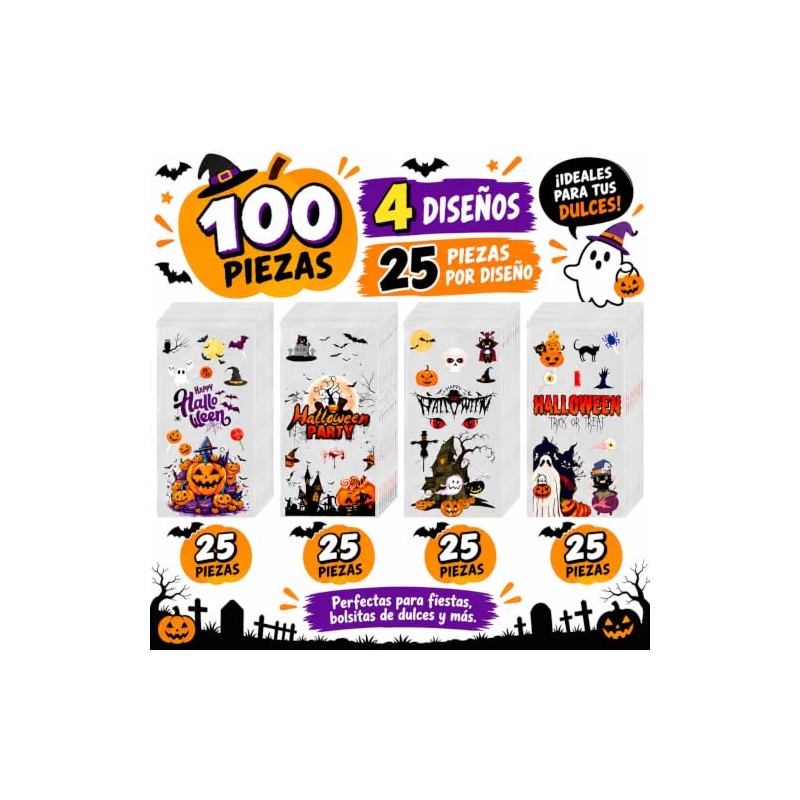 Yarratech 100 Piezas Bolsas de Dulces de Halloween, Bolsitas de