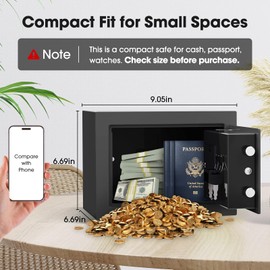 Goldenkey Small Kids Safe for Money, Digital Mini Safes with Keys&Code for Cash, Safe Box for Personal Items for Home, 6.69"D x 9.05"W x 6.69"H, Black