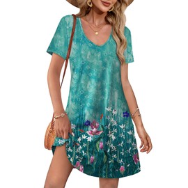 OFEEFAN Summer Dresses for Women 2025 Loose V Neck Swimsuit Coverup T Shirt Dress Sundresses with Pockets Beach Vacation Essentials Floral 08 XXL