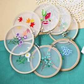 Namvo 3 Sets Embroidery Starter Kit with Pattern and Instructions, Cross Stitch Kit Include 3 Embroidery Organza Cloth, 3 Bamboo Embroidery Hoops, Color Threads and Tools
