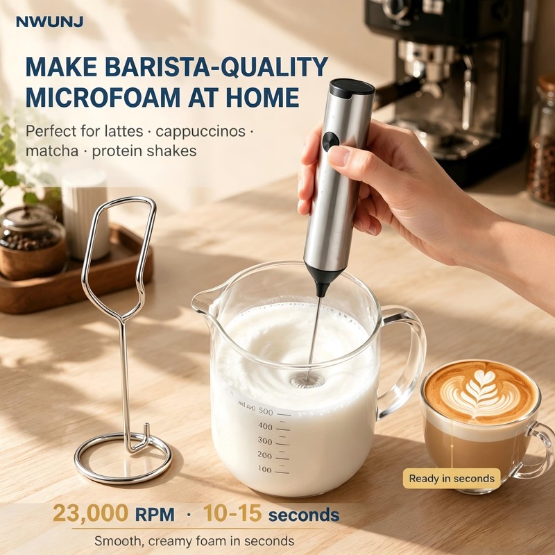 NWUNJ Rechargeable Milk Frother Handheld with Stand, 3-Speed