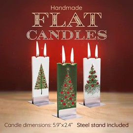 FLATYZ Handmade Christmas Candle - Classic Tree & Ornaments | Unscented, Drip-Resistant & Smoke-Free 2 Wick Candle for Home & Room Decor | Hand Painted, Flat Decorative Candles | Steel Stand Included