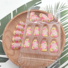 French Tip Press on Nails Short Oval Fake Nails with Colorful Flowers White Dots Green Leaves Designs Glue on Nails Pink Full Cover False Nails Glossy Artificial Stick on Nails for Women 24Pcs