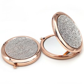 Reazana 2pcs Magnifying Compact Mirrors 1X 2X Folding Makeup Mirror Mini Round Travel Mirrors 2.75 Inch Foldable Pocket Purse Cosmetic Mirror Sturdy Metal with Diamonds Women Girls Gifts (Rose Gold)
