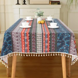 VOGOL Linen Textured Table Cloth, Striped Printed Boho Style Rectangle Table Cover for Thanksgiving Dinner, Decorative Tablecloth for Dining Table, 52 x 102 in