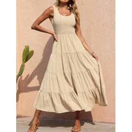 PRETTYGARDEN Women's Casual Loose Plain Maxi Sundress Smocked Tank Dress Sleeveless Summer Beach Tiered Long Dresses (Dark Apricot,Medium)
