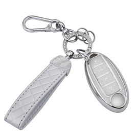 Seedwee for Nissan 4 Buttons Key fob Cover, Soft TPU Keys Protector Bling Key Fob Keychain for Murano Sentra Altima Rogue Kicks Armada Pathfinder Smart Key, Silver Clear