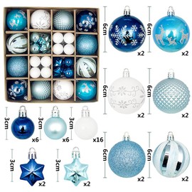 44 PCS Christmas Ball Ornaments, Christmas Baubles for Christmas Tree Decorations Delicate Xmas Theme Painting Glittering Pendants Ornaments, White Blue Baubles