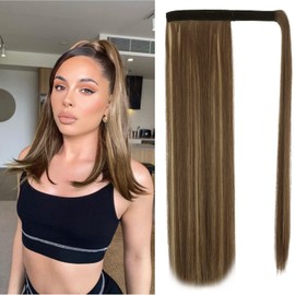 BARSDAR Straight Ponytail Extension - 20 Inch Long Straight Wrap Around Ponytail for Women Clip in Ponytail Extensions Synthetic Highlight Pony Tails Hairpieces Daily - Blonde & Medium Brown