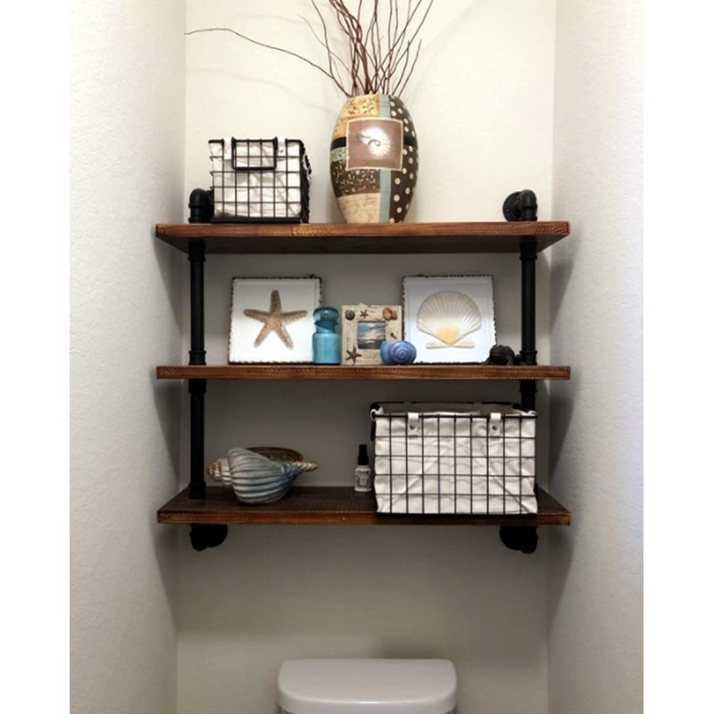 DR.IRON Industrial Pipe Shelves Wall Shelving Rustic Wood Shelf Storage