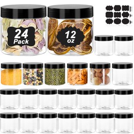 WYIPOLZI 24 Pack 12oz Plastic Jars with Lids, Clear Slime Cosmetics Containers with and Labels, Airtight Leakproof PET Empty Jars with Black Lids for Dry Food Honey Nuts Cookie Candy Spice