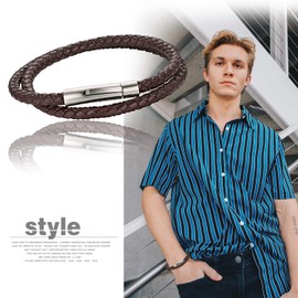 Cupimatch Men's Leather Bracelet Stainless Steel Punk Rock Braided Cuff Bangle Gift for Men, 20 centimetres, Leather