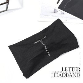 GORTIN Letter Rhinestones Headbands Black Boho Headband Wide Hair Bands Stretch Turban Head Wraps Knotted Head Pieces Party Head Jewelry for Women and Girls Pack of 1 (T)
