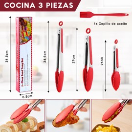 SYNMORE 3 Pinzas de Cocina, Silicona de 7", 9", 12" con 1 Cepillo de Aceite, Juego de Clips Antiadherentes de Acero Inoxidable con Seguro,Pinzas con Resistencia a Altas Temperaturas (Rojo)