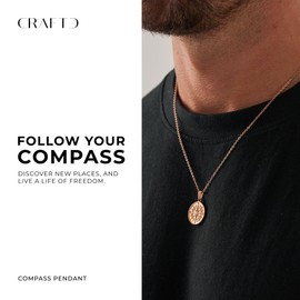 CRAFTD | Rose Gold Compass Pendant Necklace | Durable 18K Rose Gold & 316L Stainless Steel | 20.5" Rose Gold Chain Link with 20MM x 20MM Pendant | Waterproof, Heat & Sweat Resistant | Men's Jewelry