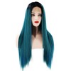 Long Straight Hair Wig Gradient Green Color Centre Parting Hairstyle