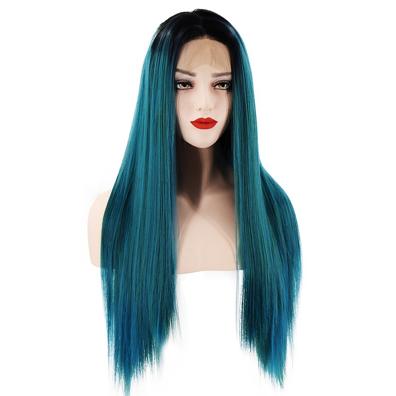 Long Straight Hair Wig Gradient Green Color Centre Parting Hairstyle