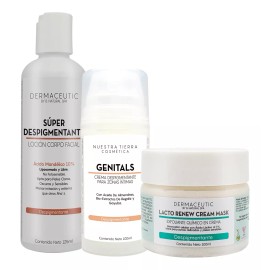 Nuestra Tierra Cosmética Corpo-facial Kit 3 piezas loción Súper Despigmentante mas Genitals mas Lacto Renew
