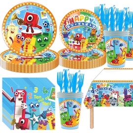 141pcs Number Blocks Birthday Tableware Decorations Party Plates Cups Soccer Theme Napkins Number Blocks Tablecloth for Number Blocks Party Decoration