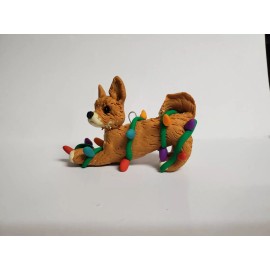 Celtic Forest Clay CHIHUAHUA Christmas Ornament TANGLED IN LIGHTS Fawn Red Long Hair HAND MADE