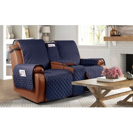 Ruaozz Waterproof Recliner Sofa Cover with Console Non-Slip Recliner Loveseat Cover Pet Cover for Double Recliner Sofa Cover with Elastic Straps for Kid Dogs Pets (Dark Blue, 2 Seater)