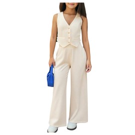 Floerns Girl's 2 Piece Outfit Button Up Vest Jacket with Straight Leg Pants Set Apricot 11Y