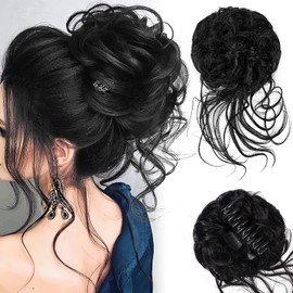 Hairpiece with Elastic Band, Large Bun Hairpiece, Curly Hair Scrunchie, Hair Updo Hair Extensions, Messy Bun Hairpieces with Braids, Bridal Hairstyles, Voluminous, Curly, Messy Bun, 45 g, Black