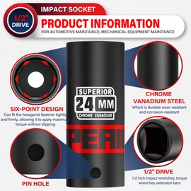 Aiourx 1/2" Drive Impact Socket, 24 mm Deep Socket, Metric, 6 Point, CR-V, for Car Repair, Loosen The Fastening Nut