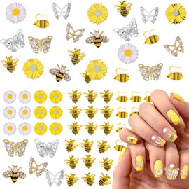 110 Pcs 3D Bees Flower Nail Charms, Silver Gold Nails Butterlies 3D Resin White Yellow Daisy Flowers Charms Tiny Bee Nail Art Supplies for Acrylic Nails DIY