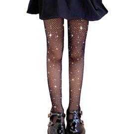 LOLANTA Girls Sparkle Tights 2 Pack Fishnet Rhinestone Stockings for Kids Glitter Mesh Pantyhose(Black-Rhinestone,8-12Y)