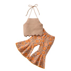 Toddler Baby Girl Summer Clothes Boho Halter Crochet Top and Rustic Bell Bottoms Vintage Outfits (Knit Khaki,18-24 Months)