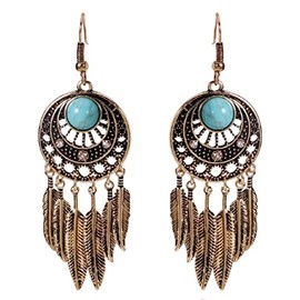 Feather Earrings for Women, Earrings with Tassels Turquoise Feathers Boho for Girls, Earrings Growing Moon Hypoallergenic Earrings Bohemian Leaf, Zircon, No