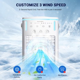 Portable Air Conditioners,3-Speed Small AC Fan, Portable Air Cooler with Remote,Timer function,7-Color Night light,3-Level Mist modes for Bedroom,Office,Room,Camping.