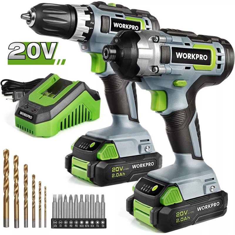 WORKPRO 20V Cordless Drill Combo Kit 2 Pack Drill Driver